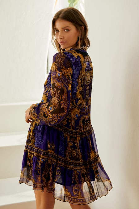 Shop_Zariaah_Blue Chiffon Crystals Split V-neck Empress Shirt Dress _at_Aza_Fashions