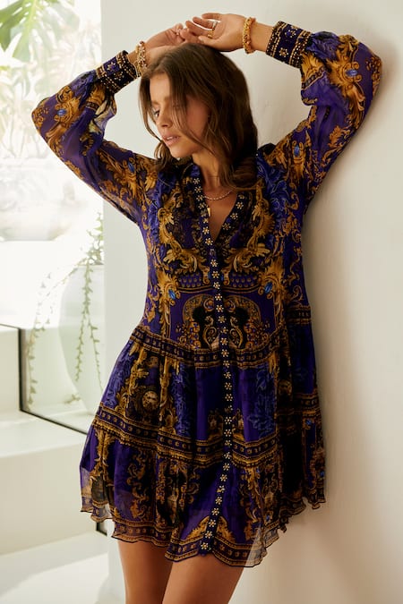 Zariaah_Blue Chiffon Crystals Split V-neck Empress Shirt Dress _Online_at_Aza_Fashions