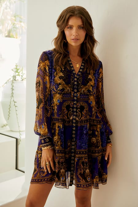 Buy_Zariaah_Blue Chiffon Crystals Split V-neck Empress Shirt Dress _Online_at_Aza_Fashions