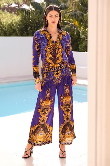 Zariaah_Blue Viscose, Silk Embroidery Collared Empress Button Down Shirt _Online_at_Aza_Fashions