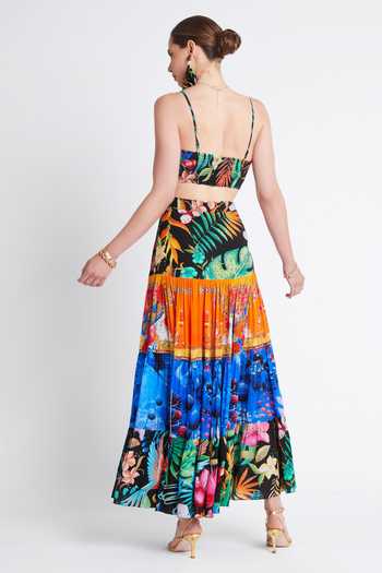 Shop Zariaah Multi Color Viscose, Silk Crystals Sweetheart Neck Tropical Floral Print Bustier at Aza Fashions Shop_Zariaah_Multi Color Viscose, Silk Crystals Sweetheart Neck Tropical Floral Print Bustier _at_Aza_Fashions