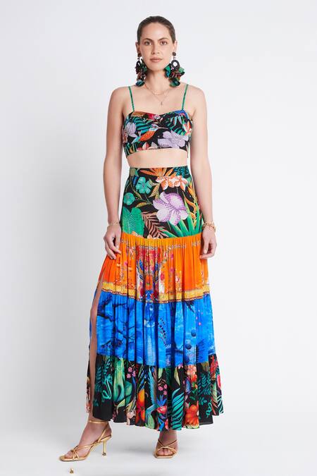 Zariaah_Multi Color Viscose, Silk Tropical Floral Print Tiered Skirt _Online_at_Aza_Fashions