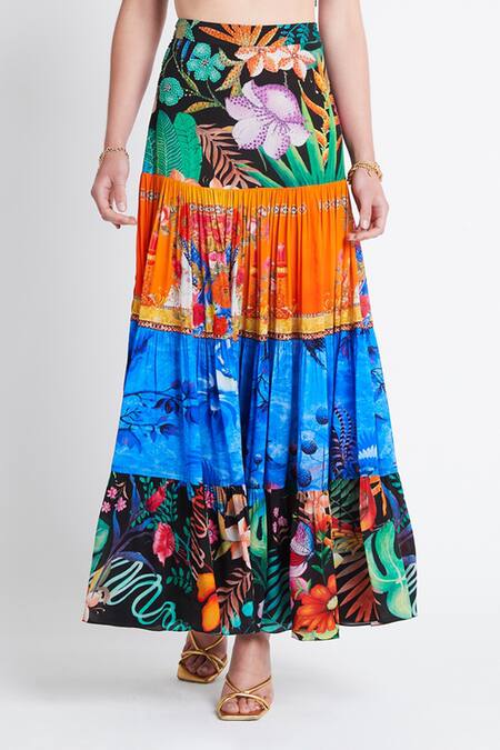 Buy_Zariaah_Multi Color Viscose, Silk Tropical Floral Print Tiered Skirt _Online_at_Aza_Fashions