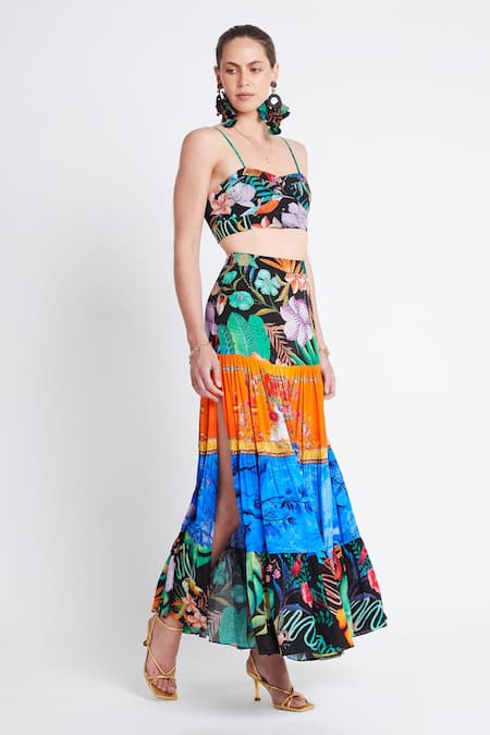 Shop_Zariaah_Multi Color Viscose, Silk Tropical Floral Print Tiered Skirt _Online_at_Aza_Fashions