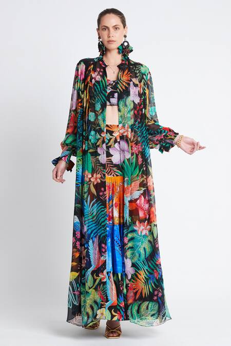 Zariaah_Multi Color Viscose, Silk Tropical Floral Print Tiered Skirt _at_Aza_Fashions