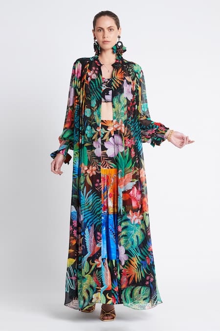 Buy_Zariaah_Multi Color Chiffon Crystals Collared Tropical Print Long Pleated Jacket _Online_at_Aza_Fashions