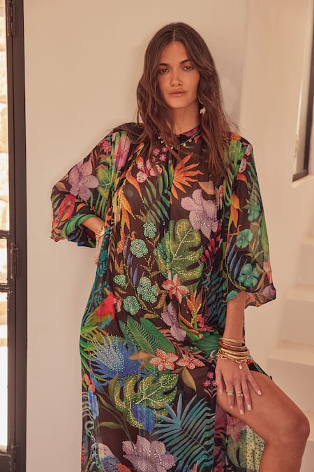 Shop_Zariaah_Multi Color Chiffon Crystals Collared Tropical Print Long Pleated Jacket _Online_at_Aza_Fashions