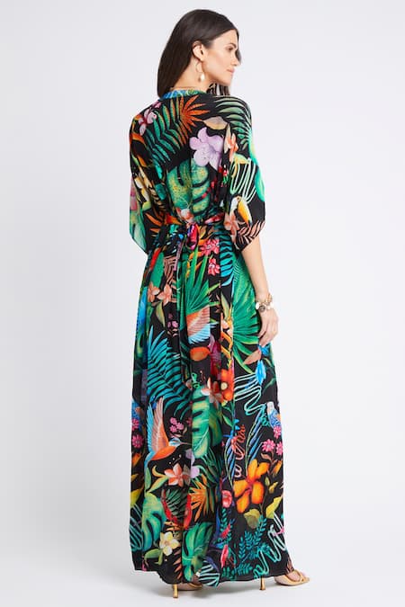 Shop Zariaah Multi Color Viscose, Silk Crystals V-neck Tropical Print Maxi Dress at Aza Fashions Shop_Zariaah_Multi Color Viscose, Silk Crystals V-neck Tropical Print Maxi Dress _at_Aza_Fashions