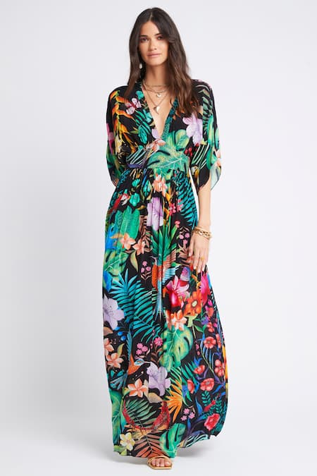 Zariaah Multi Color Viscose, Silk Crystals V-neck Tropical Print Maxi Dress Online at Aza Fashions Zariaah_Multi Color Viscose, Silk Crystals V-neck Tropical Print Maxi Dress _Online_at_Aza_Fashions