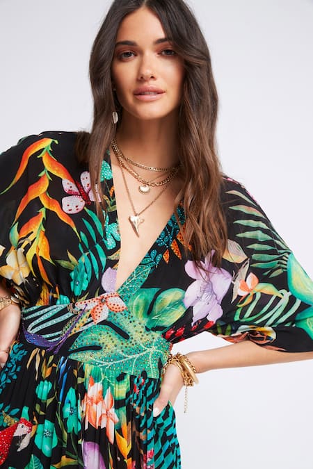 Buy Zariaah Multi Color Viscose, Silk Crystals V-neck Tropical Print Maxi Dress Online at Aza Fashions Buy_Zariaah_Multi Color Viscose, Silk Crystals V-neck Tropical Print Maxi Dress _Online_at_Aza_Fashions