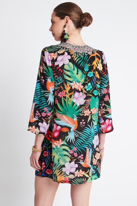 Shop Zariaah Multi Color Viscose, Silk Embroidery, Sequins V-neck Tropical Floral Print Tunic at Aza Fashions Shop_Zariaah_Multi Color Viscose, Silk Embroidery, Sequins V-neck Tropical Floral Print Tunic _at_Aza_Fashions
