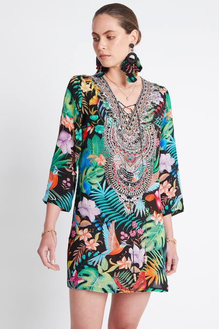 Zariaah Multi Color Viscose, Silk Embroidery, Sequins V-neck Tropical Floral Print Tunic Online at Aza Fashions Zariaah_Multi Color Viscose, Silk Embroidery, Sequins V-neck Tropical Floral Print Tunic _Online_at_Aza_Fashions