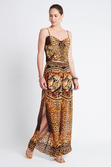 Zariaah Gold Viscose Silk Crystal Cleopatra Leopard Print Corset Top  