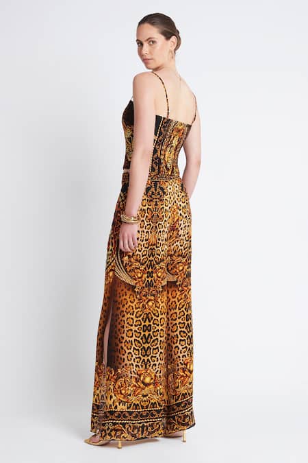 Shop_Zariaah_Gold Viscose, Silk Crystals Sweetheart Neck Cleopatra Leopard Print Corset Top _at_Aza_Fashions