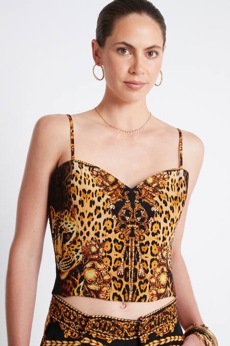 Zariaah_Gold Viscose, Silk Crystals Sweetheart Neck Cleopatra Leopard Print Corset Top _Online_at_Aza_Fashions