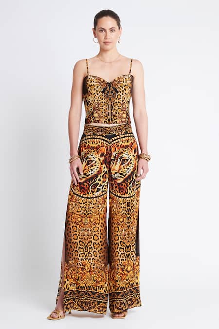 Buy_Zariaah_Gold Viscose, Silk Crystals Sweetheart Neck Cleopatra Leopard Print Corset Top _Online_at_Aza_Fashions