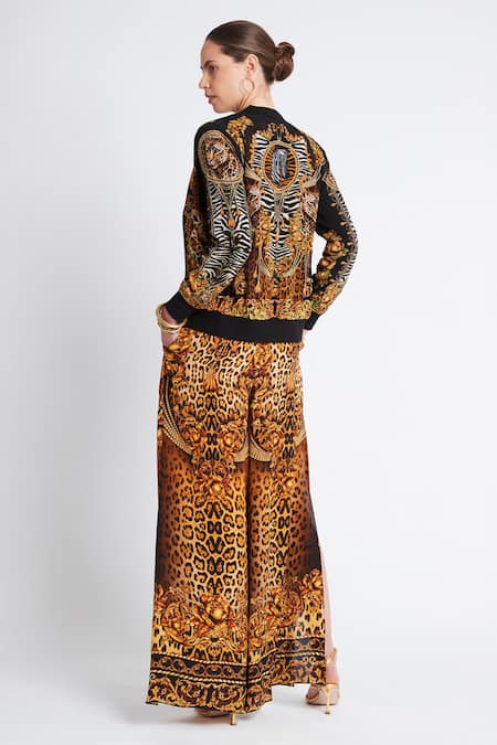 Shop Zariaah Gold Viscose, Silk Crystals Open Neck Cleopatra Printed Bomber Jacket at Aza Fashions Shop_Zariaah_Gold Viscose, Silk Crystals Open Neck Cleopatra Printed Bomber Jacket _at_Aza_Fashions