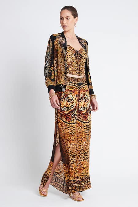Zariaah Gold Viscose, Silk Crystals Open Neck Cleopatra Printed Bomber Jacket Online at Aza Fashions Zariaah_Gold Viscose, Silk Crystals Open Neck Cleopatra Printed Bomber Jacket _Online_at_Aza_Fashions