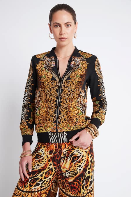 Buy Zariaah Gold Viscose, Silk Crystals Open Neck Cleopatra Printed Bomber Jacket Online at Aza Fashions Buy_Zariaah_Gold Viscose, Silk Crystals Open Neck Cleopatra Printed Bomber Jacket _Online_at_Aza_Fashions
