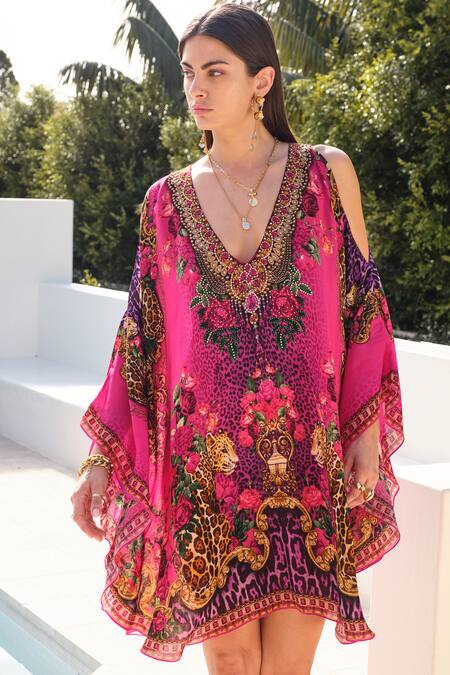 Zariaah_Purple Viscose, Silk Crystals V-neck Sapphire Printed Kaftan Dress _Online_at_Aza_Fashions
