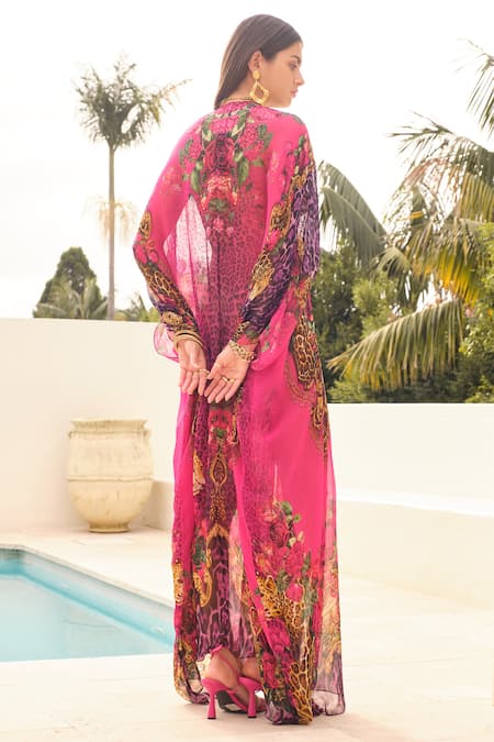 Shop Zariaah Purple Chiffon Embroidery V-neck Sapphire Printed Kaftan at Aza Fashions Shop_Zariaah_Purple Chiffon Embroidery V-neck Sapphire Printed Kaftan _at_Aza_Fashions
