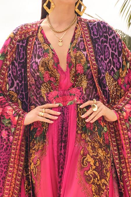 Zariaah Purple Chiffon Embroidery V-neck Sapphire Printed Kaftan Online at Aza Fashions Zariaah_Purple Chiffon Embroidery V-neck Sapphire Printed Kaftan _Online_at_Aza_Fashions