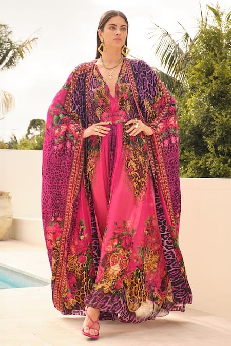 Buy Zariaah Purple Chiffon Embroidery V-neck Sapphire Printed Kaftan Online at Aza Fashions Buy_Zariaah_Purple Chiffon Embroidery V-neck Sapphire Printed Kaftan _Online_at_Aza_Fashions