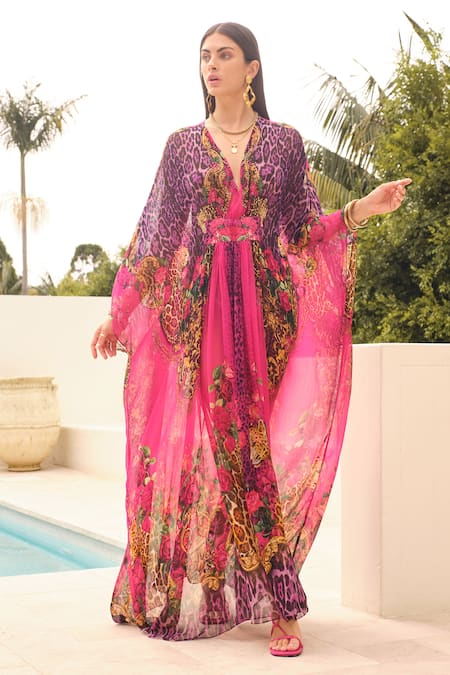 Shop Zariaah Purple Chiffon Embroidery V-neck Sapphire Printed Kaftan Online at Aza Fashions Shop_Zariaah_Purple Chiffon Embroidery V-neck Sapphire Printed Kaftan _Online_at_Aza_Fashions
