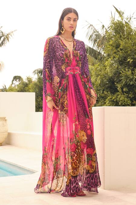 Zariaah Purple Chiffon Embroidery V-neck Sapphire Printed Kaftan at Aza Fashions Zariaah_Purple Chiffon Embroidery V-neck Sapphire Printed Kaftan _at_Aza_Fashions