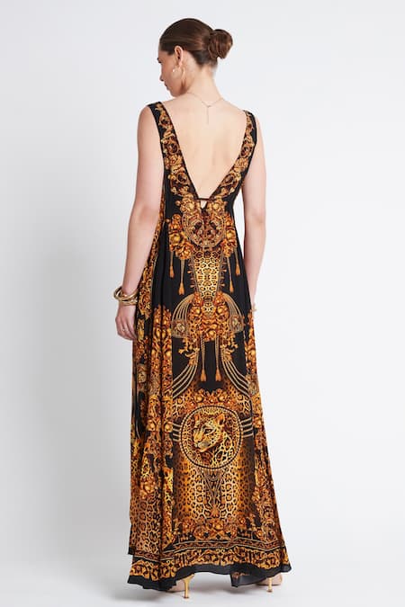 Shop Zariaah Black Viscose, Silk Crystals V-neck Cleopatra Leopard Print Maxi Dress at Aza Fashions Shop_Zariaah_Black Viscose, Silk Crystals V-neck Cleopatra Leopard Print Maxi Dress _at_Aza_Fashions