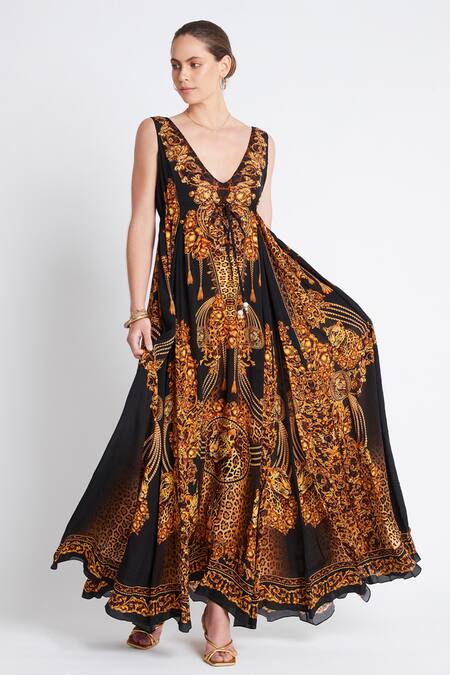 Zariaah Black Viscose, Silk Crystals V-neck Cleopatra Leopard Print Maxi Dress Online at Aza Fashions Zariaah_Black Viscose, Silk Crystals V-neck Cleopatra Leopard Print Maxi Dress _Online_at_Aza_Fashions