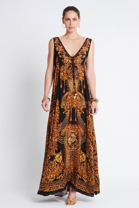 Buy Zariaah Black Viscose, Silk Crystals V-neck Cleopatra Leopard Print Maxi Dress Online at Aza Fashions Buy_Zariaah_Black Viscose, Silk Crystals V-neck Cleopatra Leopard Print Maxi Dress _Online_at_Aza_Fashions