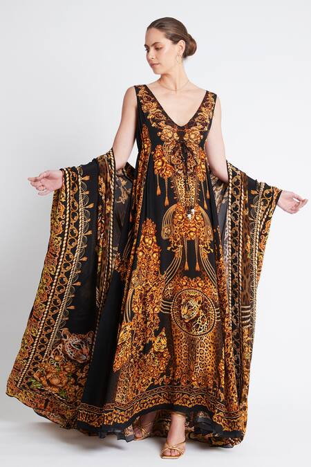 Shop Zariaah Black Viscose, Silk Crystals V-neck Cleopatra Leopard Print Maxi Dress Online at Aza Fashions Shop_Zariaah_Black Viscose, Silk Crystals V-neck Cleopatra Leopard Print Maxi Dress _Online_at_Aza_Fashions