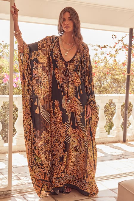 Zariaah Black Viscose Silk Crystal Cleopatra Leopard Print Dress With Cape 
