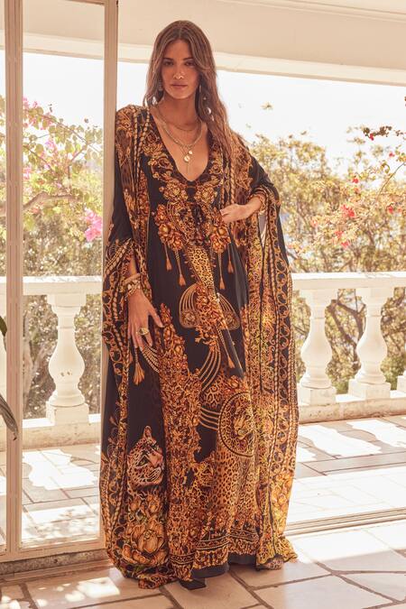 Buy Zariaah Black Viscose, Silk Crystals V-neck Cleopatra Leopard Print Dress With Cape Online at Aza Fashions Buy_Zariaah_Black Viscose, Silk Crystals V-neck Cleopatra Leopard Print Dress With Cape _Online_at_Aza_Fashions