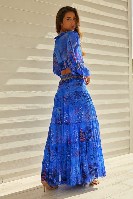 Shop_Zariaah_Blue Viscose, Silk Fauna Flora Print Embellished Tiered Maxi Skirt _at_Aza_Fashions
