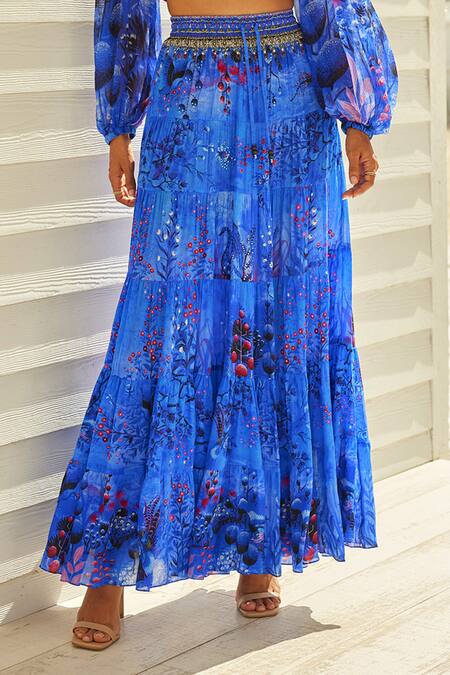 Zariaah_Blue Viscose, Silk Fauna Flora Print Embellished Tiered Maxi Skirt _Online_at_Aza_Fashions