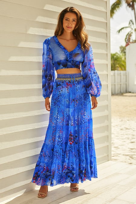 Buy_Zariaah_Blue Viscose, Silk Fauna Flora Print Embellished Tiered Maxi Skirt _Online_at_Aza_Fashions
