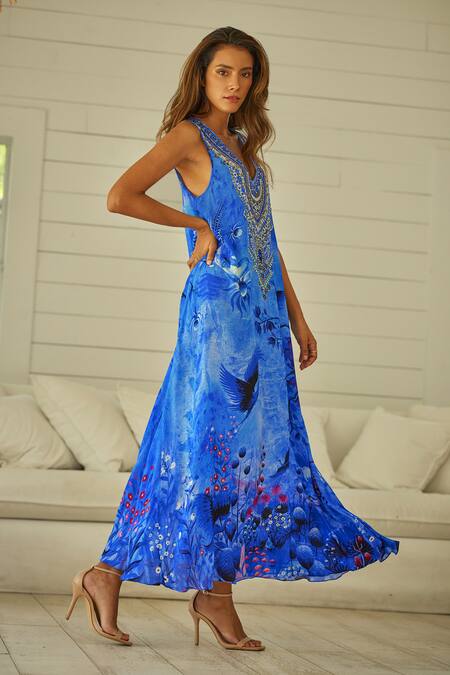 Zariaah_Blue Viscose, Silk Crystals V-neck Forest Print Maxi Dress _Online_at_Aza_Fashions