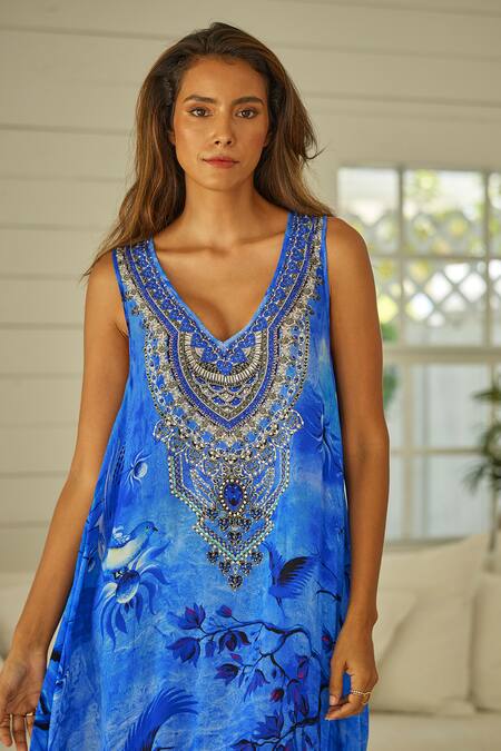 Shop_Zariaah_Blue Viscose, Silk Crystals V-neck Forest Print Maxi Dress _Online_at_Aza_Fashions