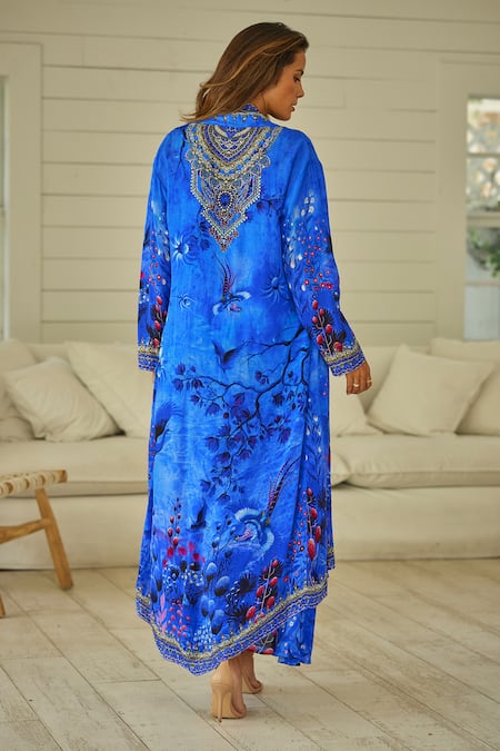 Shop_Zariaah_Blue Viscose, Silk Crystals Open Neck Forest Print Long Jacket _at_Aza_Fashions