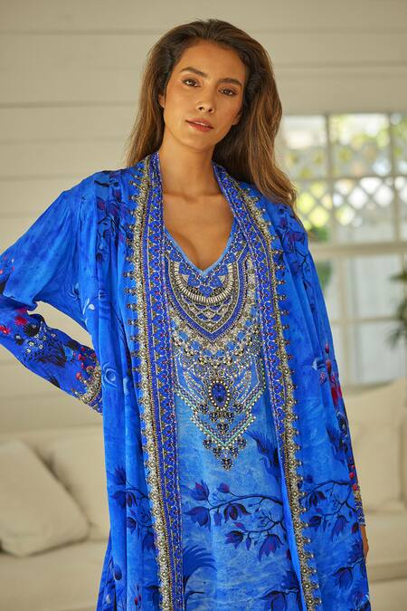 Buy_Zariaah_Blue Viscose, Silk Crystals Open Neck Forest Print Long Jacket _Online_at_Aza_Fashions