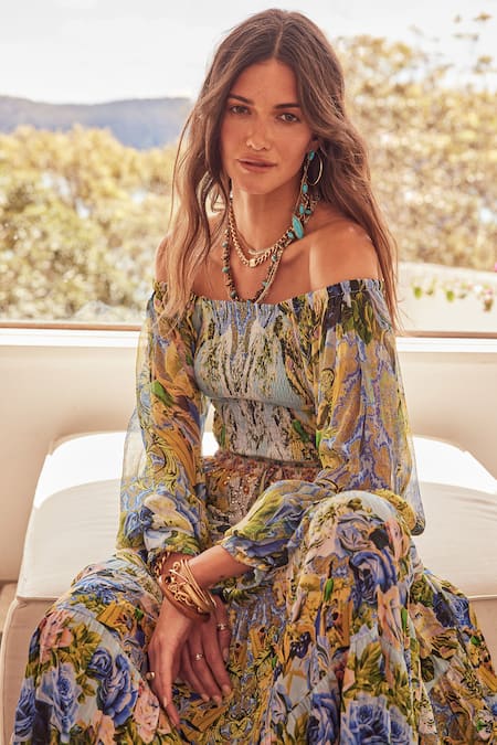 Zariaah_Blue Chiffon Off-shoulder Blossom Print Smocked Off Top _Online_at_Aza_Fashions