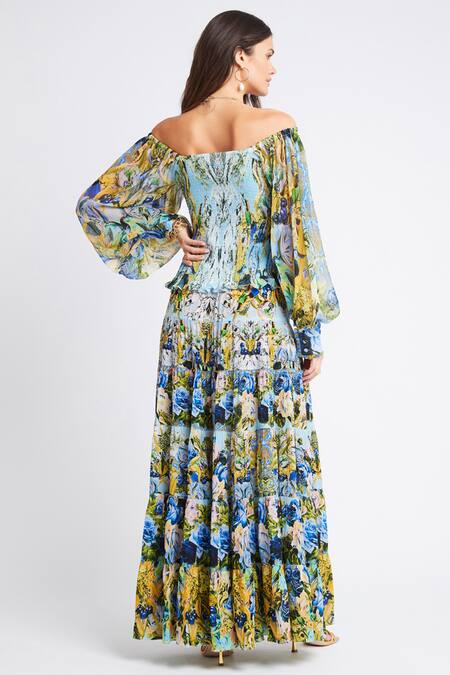Shop_Zariaah_Blue Chiffon Off-shoulder Blossom Print Smocked Off Top _at_Aza_Fashions