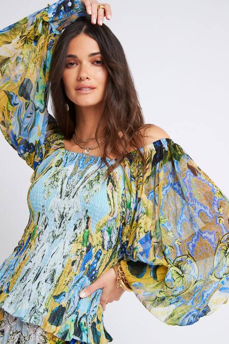 Zariaah_Blue Chiffon Off-shoulder Blossom Print Smocked Off Top _at_Aza_Fashions