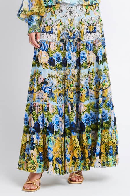 Zariaah Blue Viscose, Silk Embroidery Midnight Rosa Print Embellished Tiered Maxi Skirt Online at Aza Fashions Zariaah_Blue Viscose, Silk Embroidery Midnight Rosa Print Embellished Tiered Maxi Skirt _Online_at_Aza_Fashions