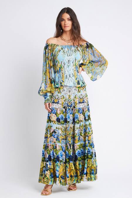 Buy Zariaah Blue Viscose, Silk Embroidery Midnight Rosa Print Embellished Tiered Maxi Skirt Online at Aza Fashions Buy_Zariaah_Blue Viscose, Silk Embroidery Midnight Rosa Print Embellished Tiered Maxi Skirt _Online_at_Aza_Fashions