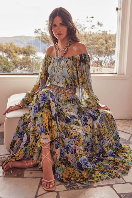 Shop Zariaah Blue Viscose, Silk Embroidery Midnight Rosa Print Embellished Tiered Maxi Skirt Online at Aza Fashions Shop_Zariaah_Blue Viscose, Silk Embroidery Midnight Rosa Print Embellished Tiered Maxi Skirt _Online_at_Aza_Fashions