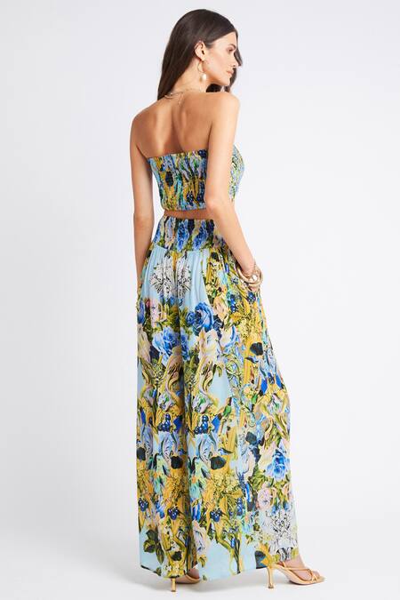 Shop_Zariaah_Blue Viscose Silk Gardenia Print Flared Pant  _at_Aza_Fashions