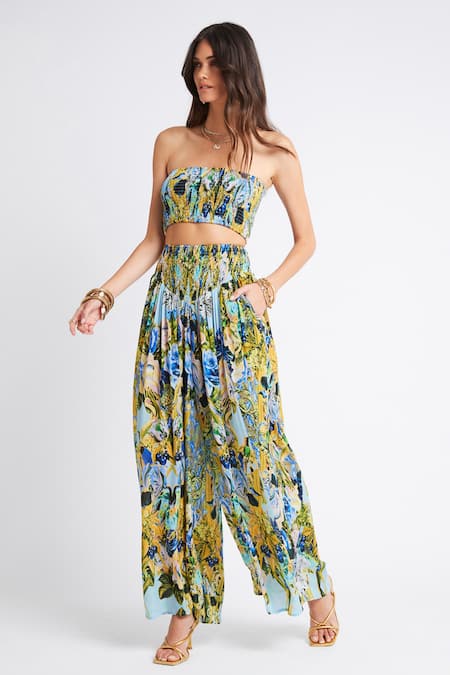 Shop_Zariaah_Blue Viscose Silk Gardenia Print Flared Pant  _Online_at_Aza_Fashions